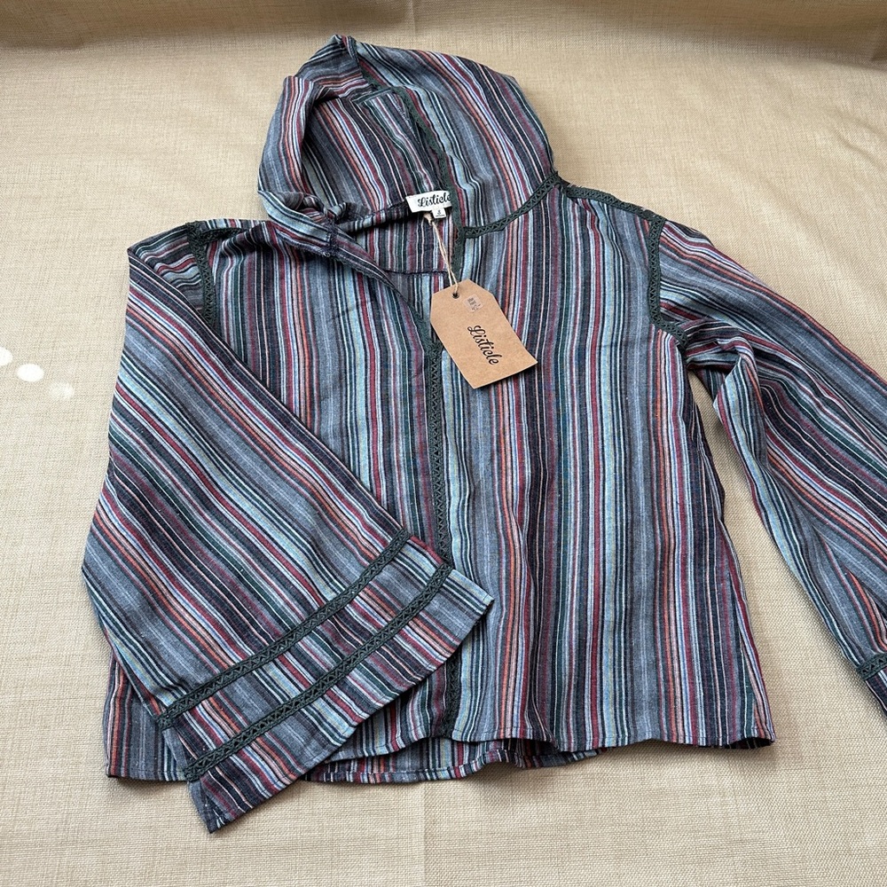 Striped Bell Sleeves Pull Over Hooded Top